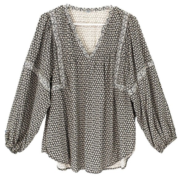 OLD NAVY Top Popover Balloon Sleeve Oversized Black White Boho Blouse - XL - Picture 1 of 9